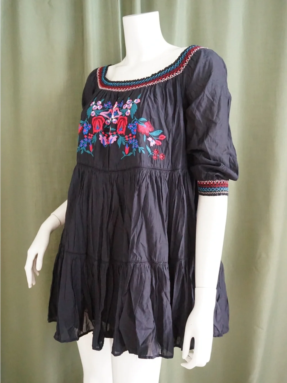 Free People Floral Embroidered Mini Shirred Black Cotton Dress - Size Medium